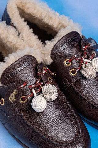 Cyprus Boat Shoe In Brown Leather And Ivory Shearling