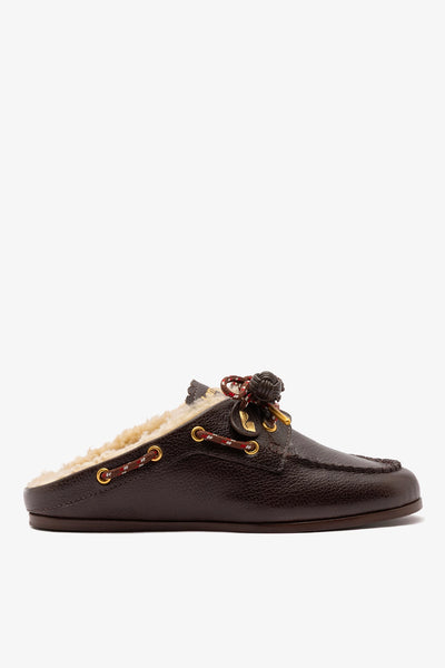 Brown Leather Shearling Boat Shoe Mule Cyprus – Larroude