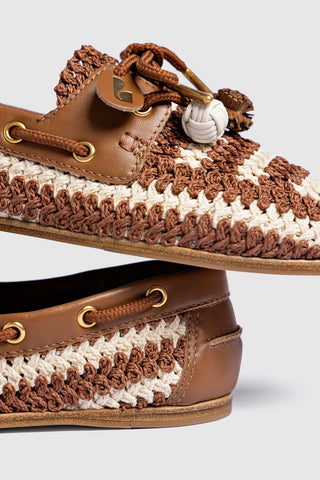 Cyprus Crochet Boat Shoe In Caramel and Ivory Crochet and Caramel Leather