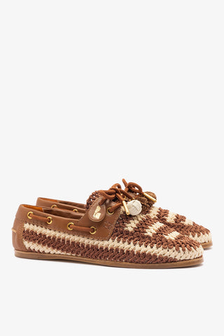 Cyprus Crochet Boat Shoe In Caramel and Ivory Crochet and Caramel Leather