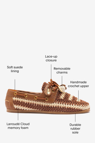 Cyprus Crochet Boat Shoe In Caramel and Ivory Crochet and Caramel Leather