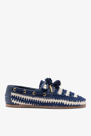 Cyprus Crochet Boat Shoe In Navy and Ivory Crochet and Navy Leather