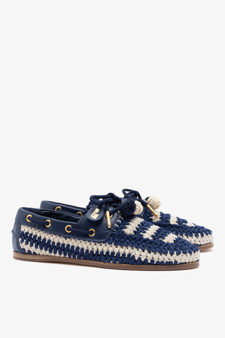 Cyprus Crochet Boat Shoe In Navy and Ivory Crochet and Navy Leather
