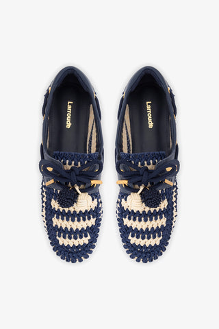 Cyprus Crochet Boat Shoe In Navy and Ivory Crochet and Navy Leather