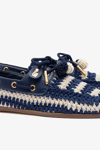 Cyprus Crochet Boat Shoe In Navy and Ivory Crochet and Navy Leather