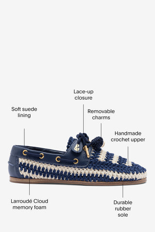 Cyprus Crochet Boat Shoe In Navy and Ivory Crochet and Navy Leather