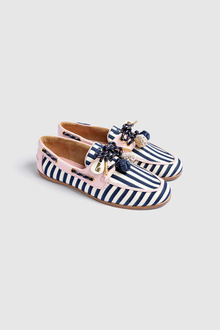 Cyprus Boat Shoe Navy Striped and Pink Leather Womens - Shoes - Loafers Larroudé