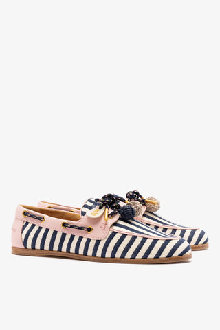 Cyprus Boat Shoe Navy Striped and Pink Leather Womens - Shoes - Loafers Larroudé