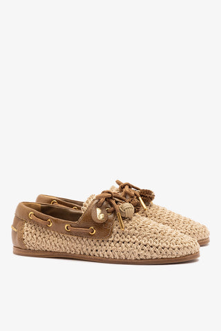 Cyprus Crochet Boat Shoe In Natural Crochet and Russet Leather