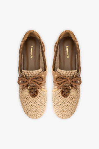 Cyprus Crochet Boat Shoe In Natural Crochet and Russet Leather