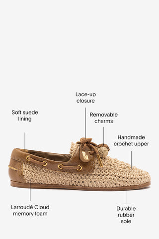 Cyprus Crochet Boat Shoe In Natural Crochet and Russet Leather Loafer Larroudé