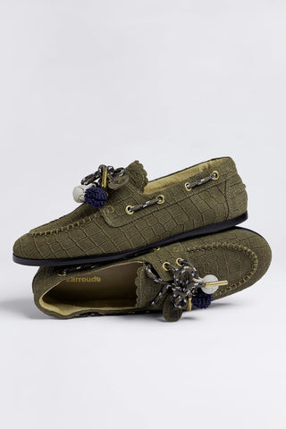 Cyprus Boat Shoe Olive Croco Suede Loafer Larroudé