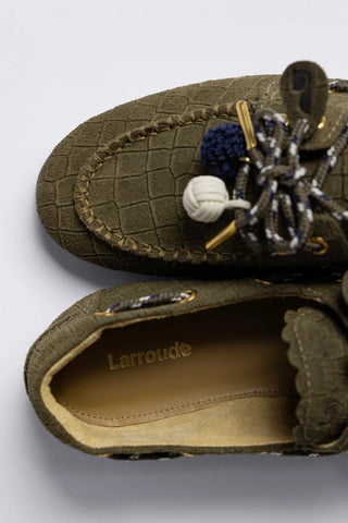 Cyprus Boat Shoe Olive Croco Suede Loafer Larroudé