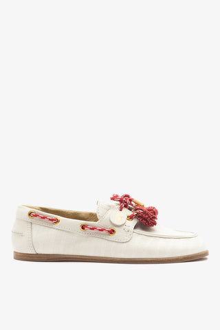 Cyprus Boat Shoe Ivory Striped Canva Loafer Larroudé