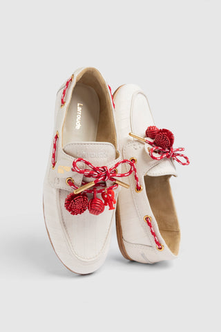 Cyprus Boat Shoe Ivory Striped Canva Loafer Larroudé