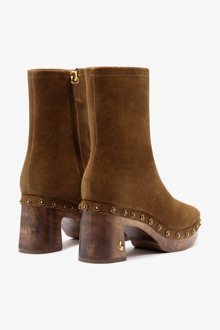 Dolly Low Wooden In Russet Suede
