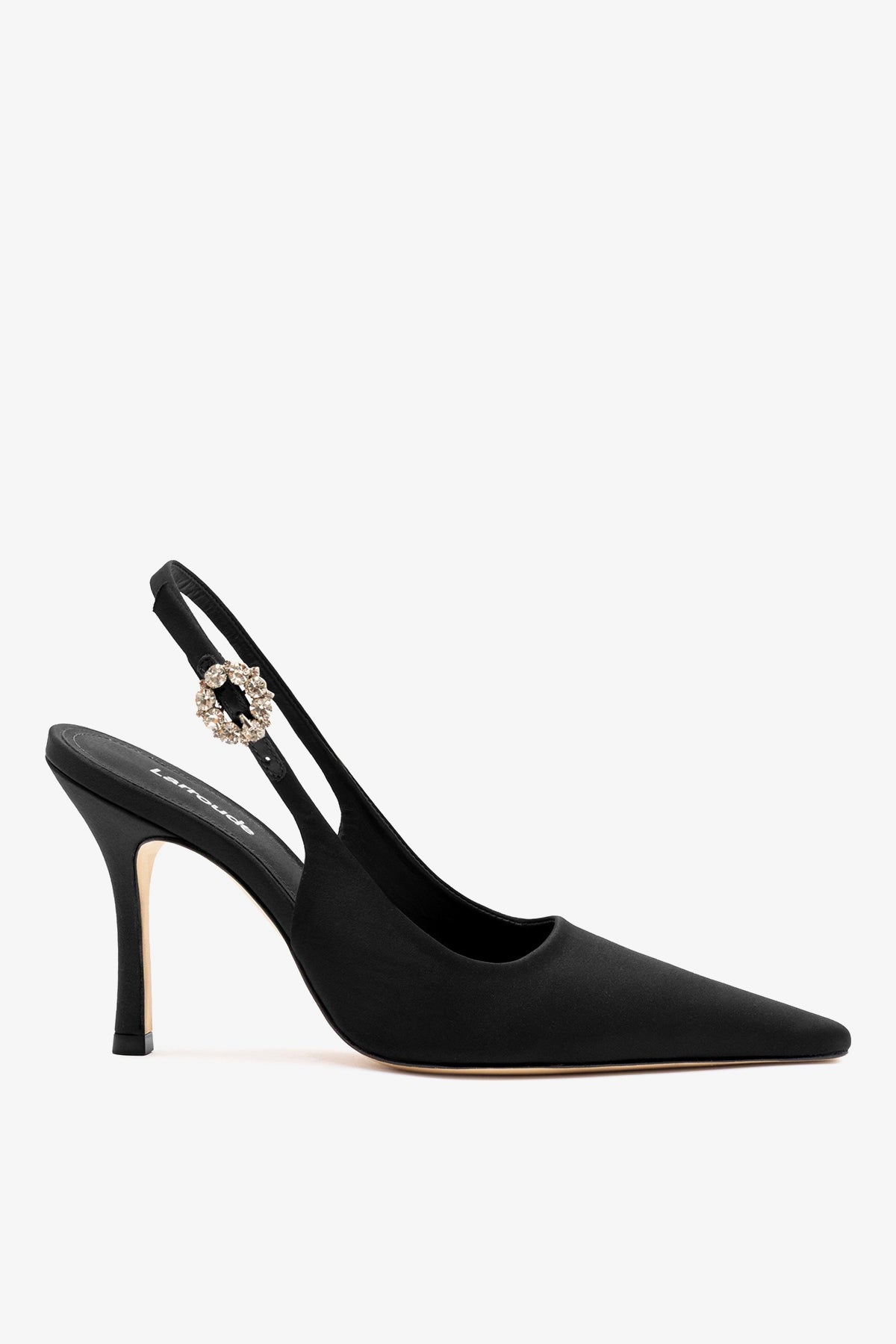 Black satin slingback pump with pointed toe, stiletto heel and crystal buckle detail. 10 / Black