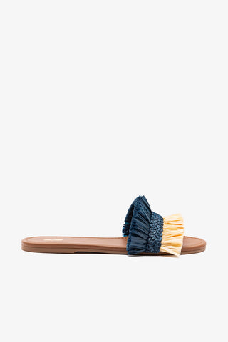 Bahia Fringe Flat In Beige And Navy Raffia
