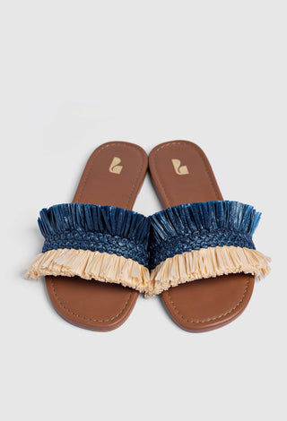 Bahia Fringe Flat In Beige And Navy Raffia