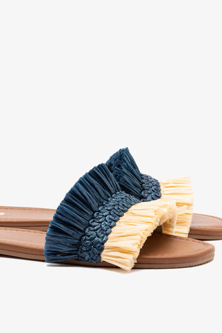 Bahia Fringe Flat In Beige And Navy Raffia