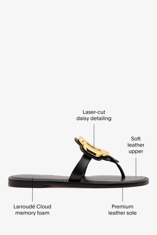 Margherita Thong Sandal in Black Leather and Gold Hardware Flat - Sandal Larroudé