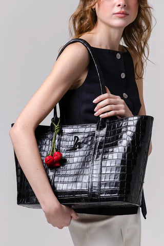 City Tote Bag Black Croco Leather Bag Larroudé