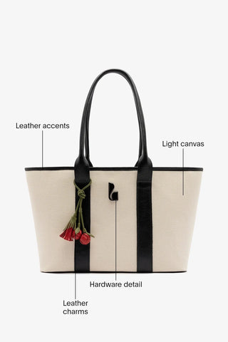 City Tote Bag Natural Canvas and Black Leather Bag Larroudé