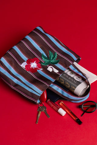 Poppy Mini Tote Bag In Brown And Azure Raffia