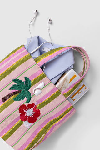 Poppy Mini Tote Bag In Tulip And Emerald Raffia