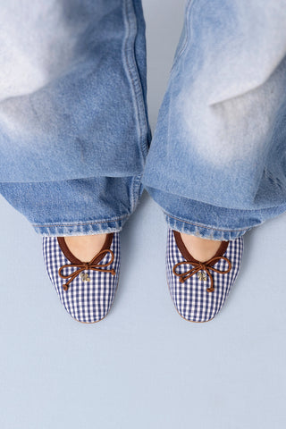 Pavlova Ballet Flat Navy Gingham with Chocolate Trim Flat Sheridan Cox by Larroudé
