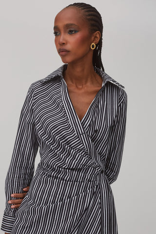Sashi Wrap Dress In Black and White Striped Cotton