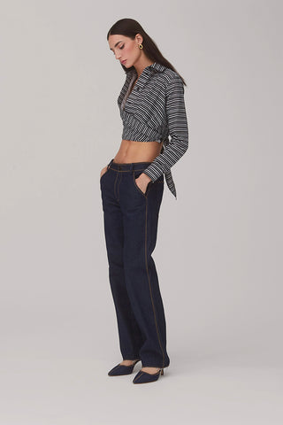 Rose Wrap Top In Black and White Striped Cotton