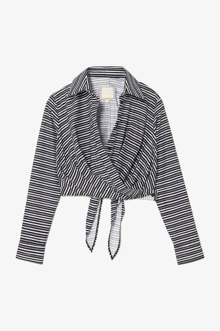 Rose Wrap Top In Black and White Striped Cotton