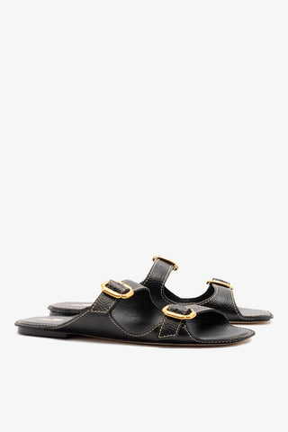 Amalfi Flat Black Leather Flat - Sandal Larroudé