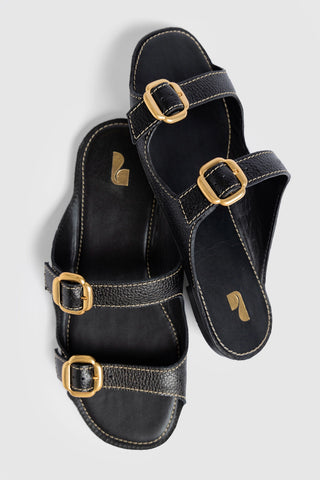 Amalfi Flat Black Leather Flat - Sandal Larroudé