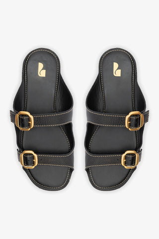 Amalfi Flat Black Leather Flat - Sandal Larroudé