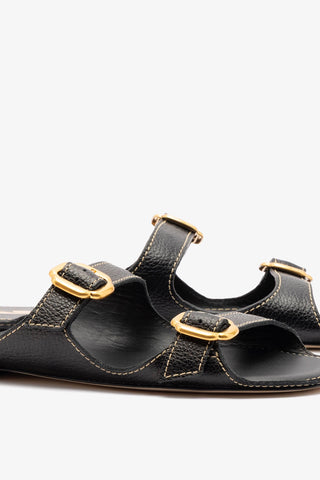Amalfi Flat Black Leather Flat - Sandal Larroudé