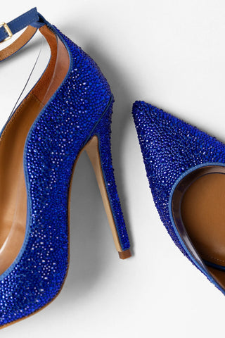 Larroudé by Sergio Hudson: Addison Pump Electric Blue Satin and Crystals Sandal Larroude x Sergio Hudson