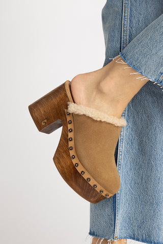 Miso Wooden Platform Clog In Peanut Suede And Natural Shearling