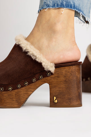 Miso Wooden Platform Clog In Brown Suede And Natural Shearling
