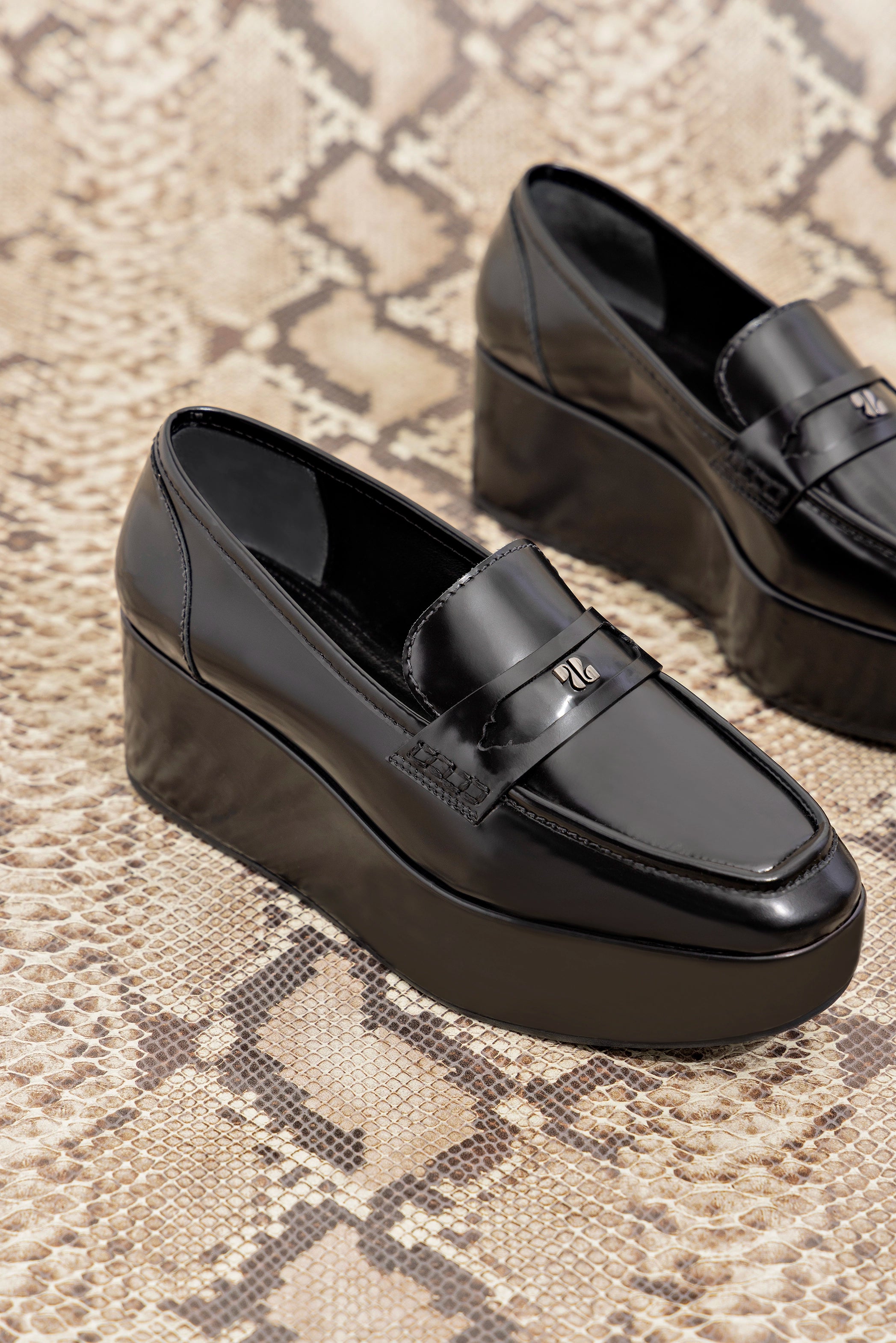 Suki Flatform Loafer In Black Box Leather - Sandals - Larroudé Suki Flatform Loafer In Black Box Leather - Sandals - Larroudé