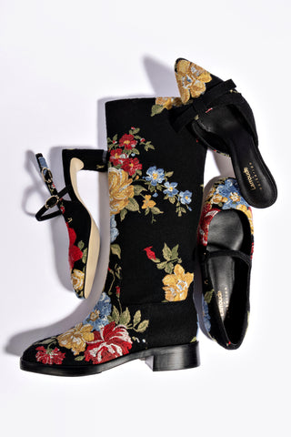 Larroudé x Markarian Flat In Black Wool and Floral Embroidery