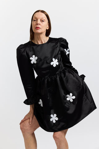 Mini Prairie Dress in Black Satin Flowers