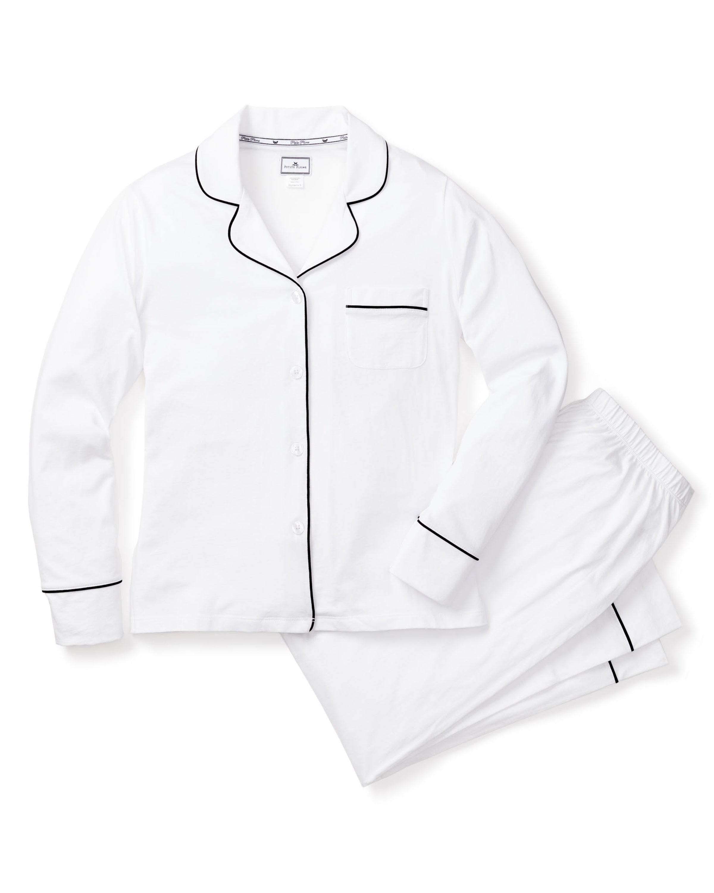 Luxe Pima Cotton White Classic Pajamas with Black Piping M