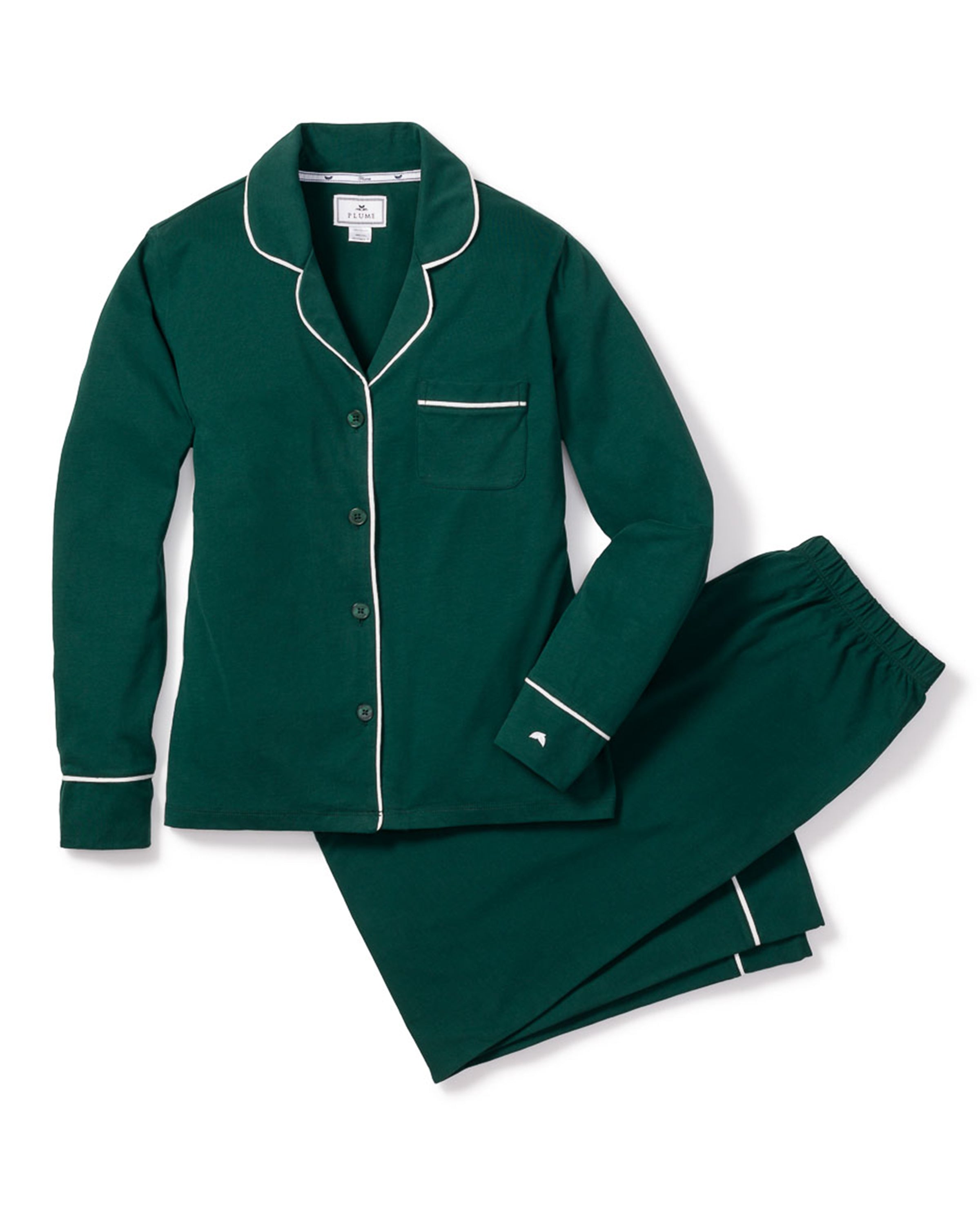 Emerald Green Jersey Piping Detail Long Pj Set