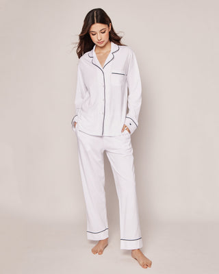 Women's Pima Pajama Set in White with Navy Piping