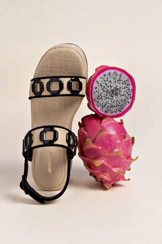 Milan Flatform In Beige Raffia and Black Trimming