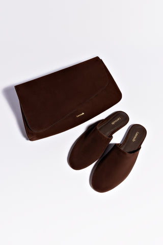 Venice Flat Mule and Pouch Kit In Brown Suede