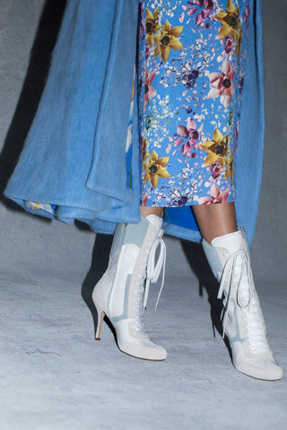 Larroudé x Jonathan Cohen High Heel Sneaker Boot In White Leather, Maya and Mushroom Grey Suede