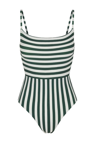 Square Neck Open Back One-Piece in Green Vertical Stripes